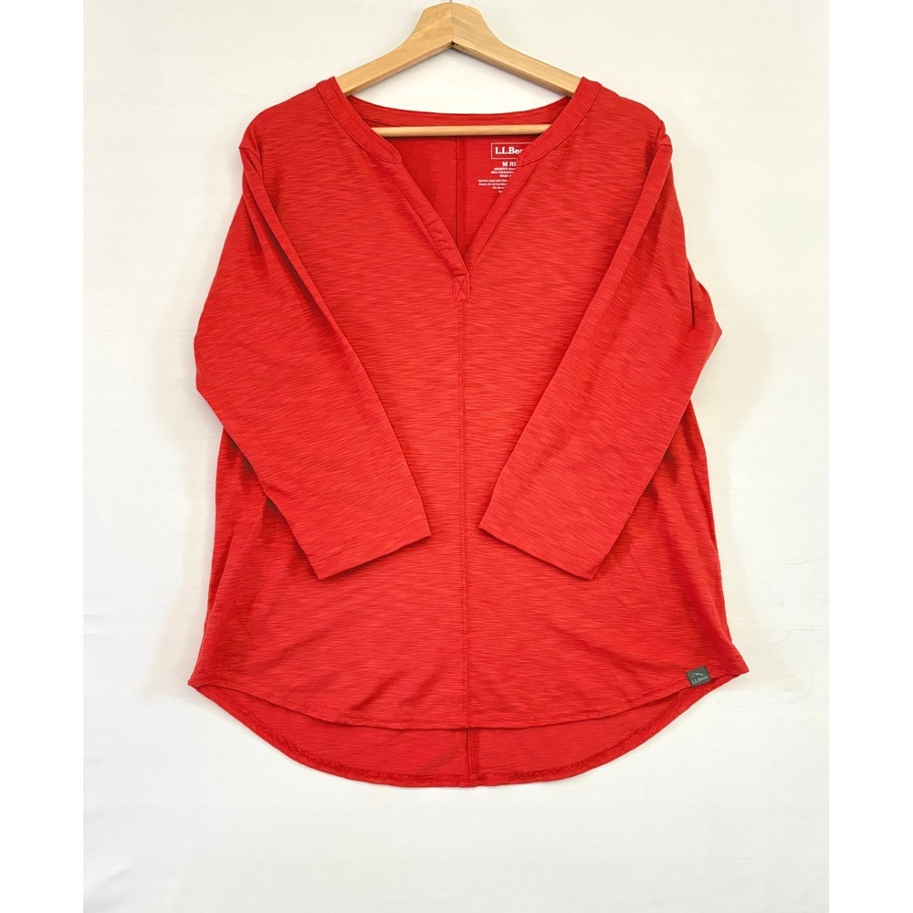 LL Bean Womens Orange Slub Knit Split Neck 3/4 Sleeve Tunic Top Size M REG